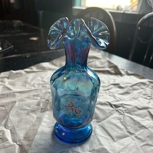 Fenton Iridescent Square Vase with Ruffled Top Artist Signed L.Everson